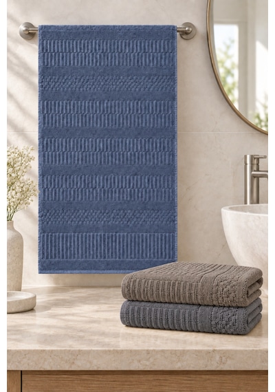 Çizgi Dokulu El Yüz Havlusu 50x90 Cm 3 Lü Set - Midnight Stone Çok Renkli