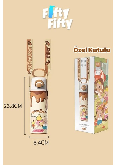 Dıller Toffee Bear Figürlü 520 Ml Paslanmaz Çelik Termos Kahve Rengi