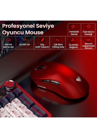 Aula Sc900 Max Paw3395 Sensör 30000 Dpı 8000hz Kablolu Ve Kablosuz Gaming Oyuncu Mouse Kırmızı Sc900-mxrd