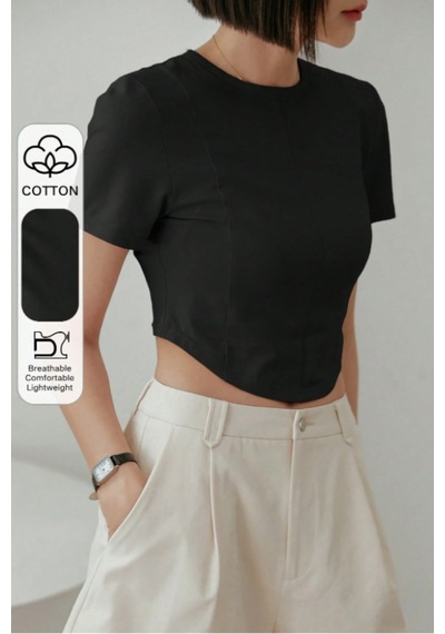 Kadın Crop Tişört Slim Fit Basic Kısa Kollu Yazlık Şık Üst Siyah