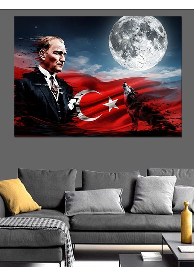 Atatürk Ve Ay Yıldızlı Bayrak Dekoratif Kanvas - Mdf Ahşap Tablo