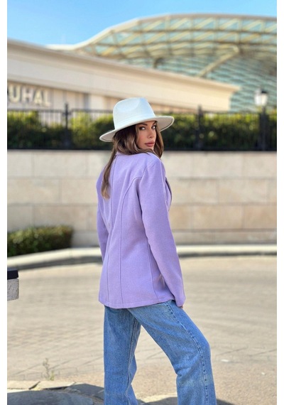 Kadın Lila Astarlı, Tek Düğme, Vucüda Oturan Kalıp, Fitilli Kaşe Kumaş Blazer Ceket Lila