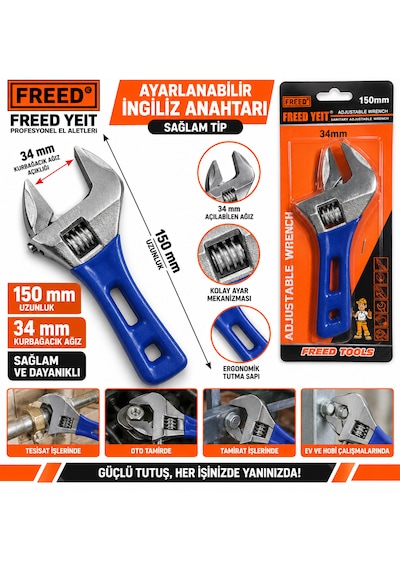 İngiliz Anahtarı Kurbağacık Ağız Kısmı :34 Mm Uzunluk :150 Mm Uzunluk Sağlam Tip