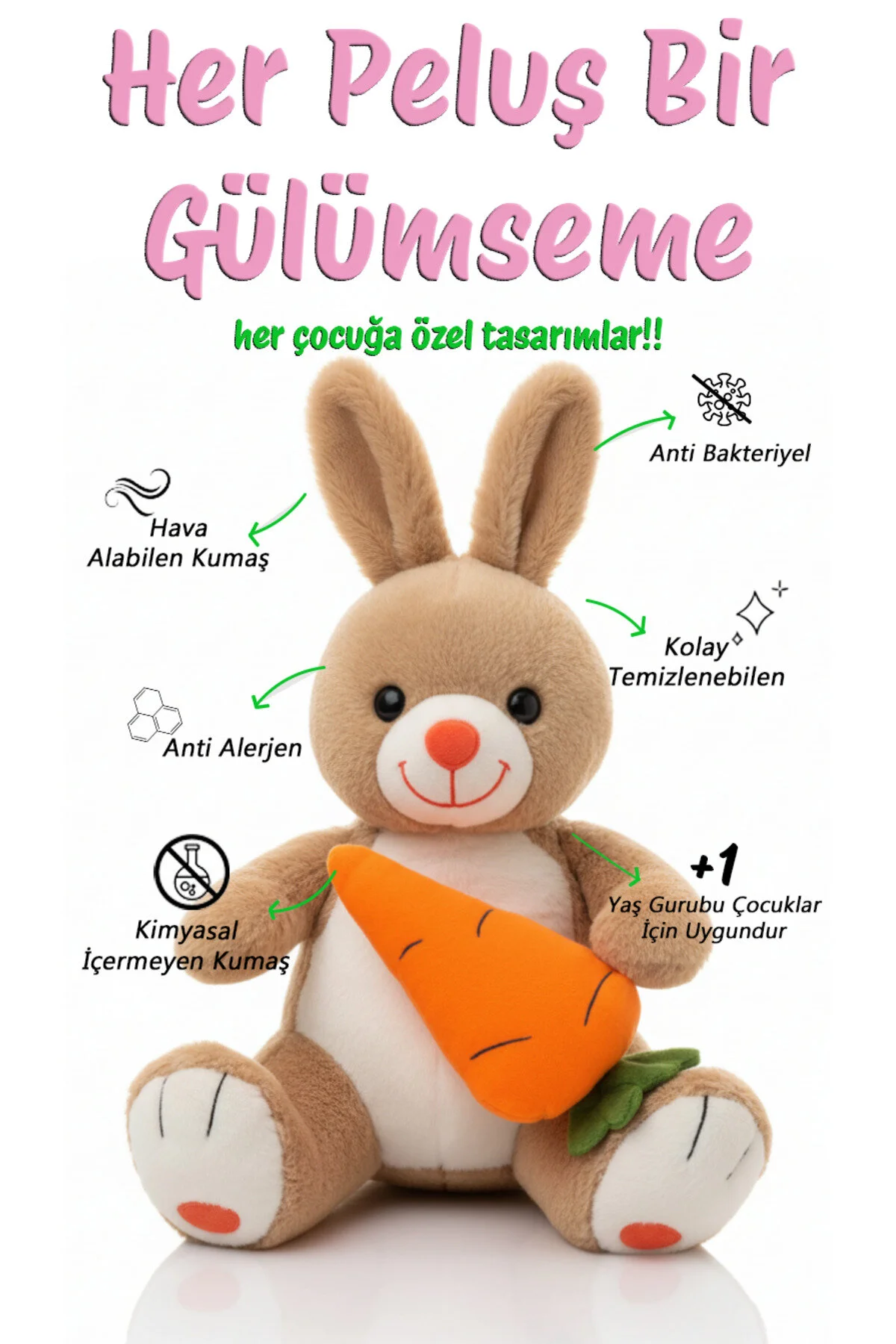 Havuçlu Tavşan Pembe 50 Cm Çocuklara Özel Sevimli Peluş Açık Bej
