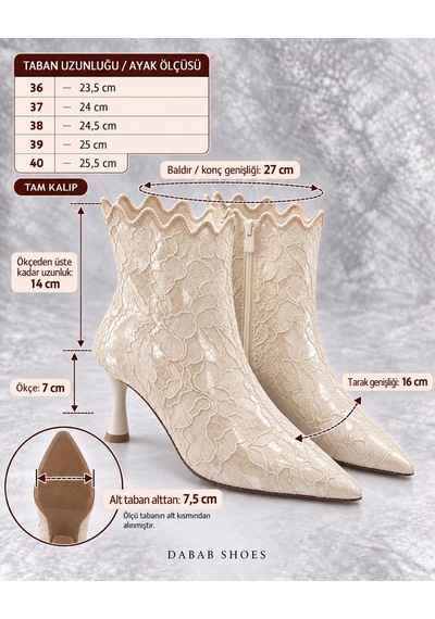 Dabab Shoes Mona Kadın Bej Dantel İşlemeli Sivri Burun Sıcak Astarlı Fermuarlı 7 Cm İnce Topuklu Bot Bootie Dabab Shoes Mona Kadın Bej Dantel İşlemeli Sivri Burun Sıcak Astarlı Fermuarlı 7 Cm İnce Topuklu Bot Bootie