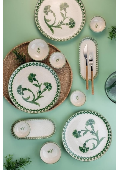 Kütahya Porselen Ottoman Elegance 14 Parça 6 Kişilik Kahvaltı Takımı, Yeşil Diğer