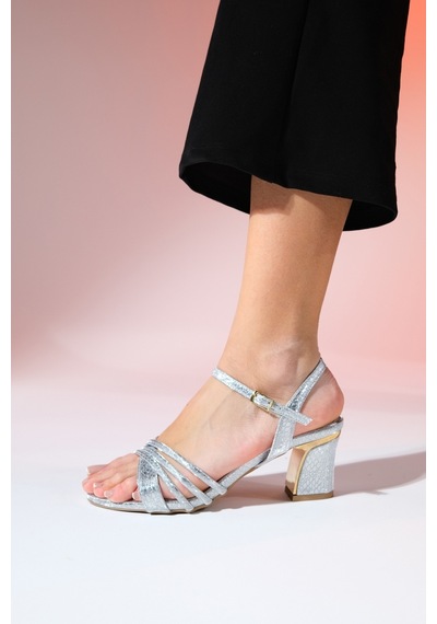 Luvishoes Lota Gümüş Desenli Kadın Kalın Topuklu Abiye Ayakkabı