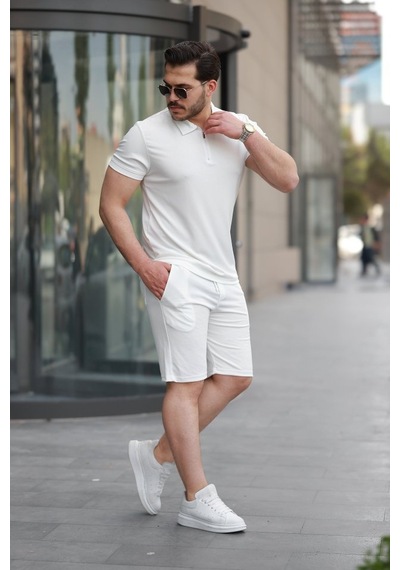 Etiler Collection Erkek Yakalı Fermuarlı T-shirt Şort Ikili Takım Beyaz