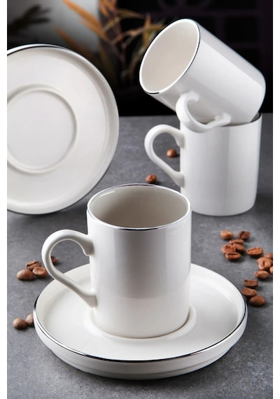 12 Parça 6 Kişilik Stackable Platin Gümüş Yaldızlı Kahve Fincan Takımı - Kahve Fincanı Seti 100ml Beyaz Gümüş