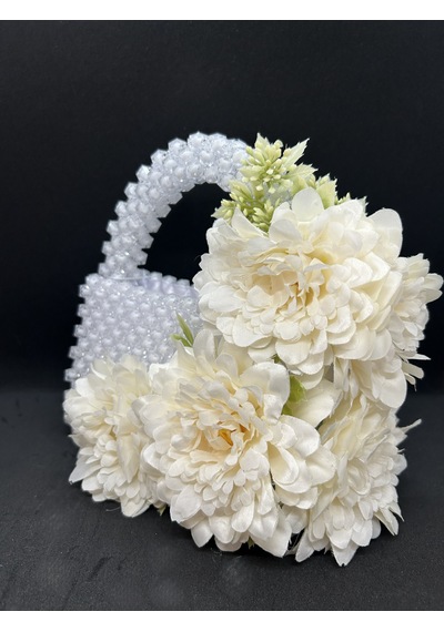 Luti Design Beyaz Boncuk Gelin Çantası / Çiçek Detaylı Özel Tasarım Nikah, Söz Ve Düğün Çantası