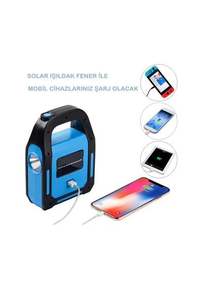 Mobgift 3 Kademeli Usb Çıkışlı Şarjlı Solar Lamba Led Işık Kaynağı Mavi