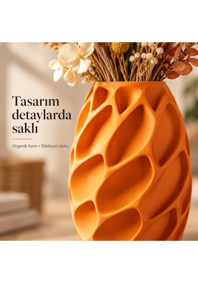 Yaprak Desenli Dekoratif Vazo 20 Cm Kuru Ve Yapay Çiçek Vazosu Turuncu