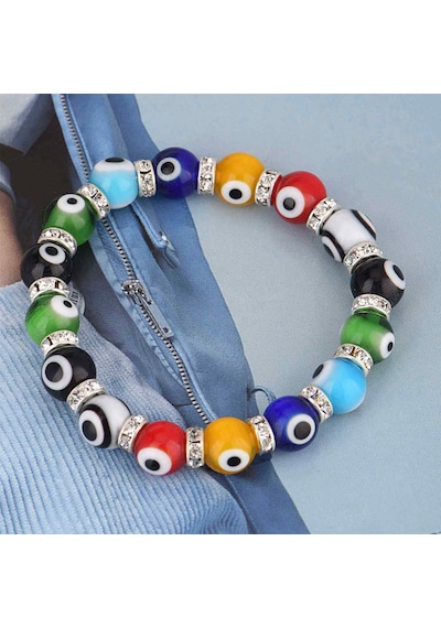 Stretch 10 Mm Multi Renkli Nazar Boncuklu Kristal Taşlı Rondela Bileklik Diğer