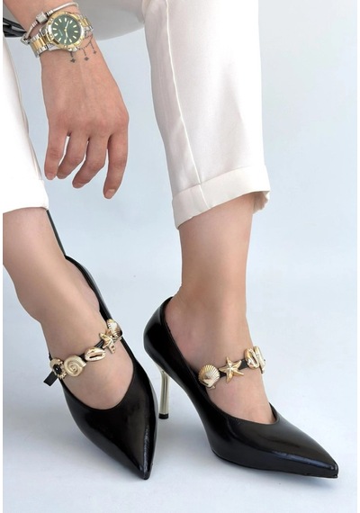 Armüz Conne Siyah Cilt Stiletto Ayakkabı Bej