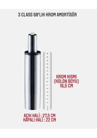 3 Class 60'lık Krom Amortisör, 16.5 Cm Kolon Boyu, 27.5 Cm Açık Hali, 22 Cm Kapalı Hali