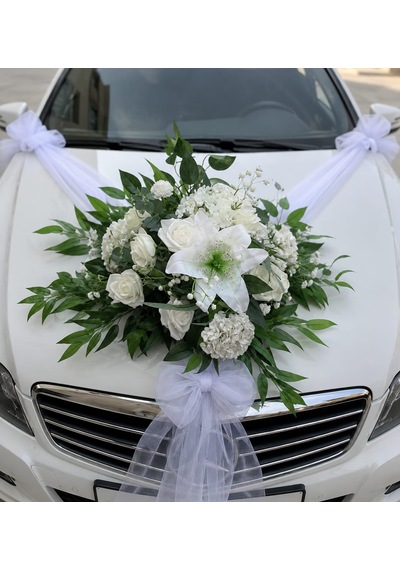 50 Cm Vantuzlu Gelin Arabası Süsü Beyaz Lilyum Ve Güllü 2 Metre Beyaz Tül Dahil Düğün Arabası Kaput Süsü Çok Renkli