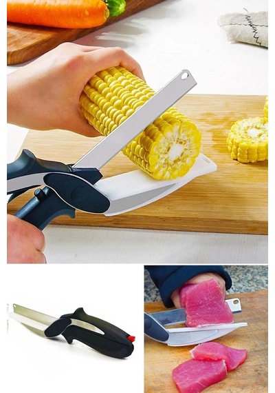 Pratik Düz Kesim Panolu Mutfak Makası Salata Sebze Et Kesme Tahtalı Makaslı Bıçak Clever Cutter