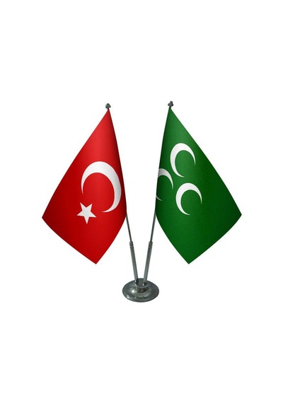 Masa Üstü Yeşil Üç Hilal Bayrağı Türk Bayrağı İkili Krom Direk Ma