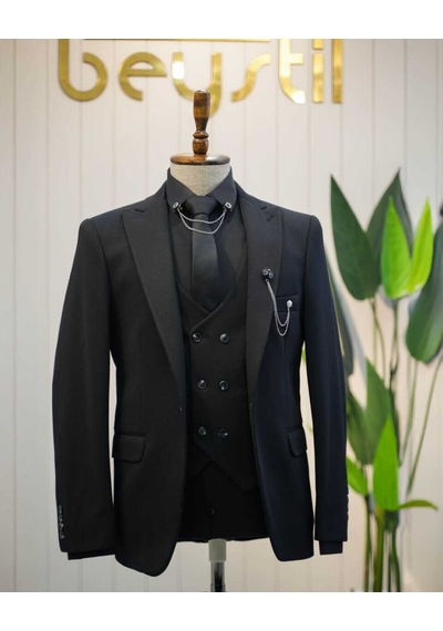 Beystil Sivri Yaka Siyah Takım Elbise Elanor - Slim Fit Siyah