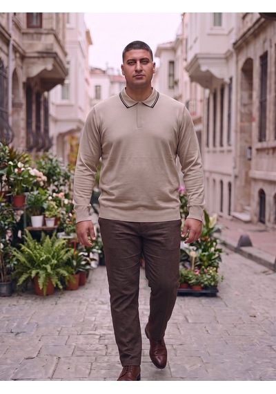 Maccali Erkek Bej Büyük Beden Gizli Fermuarlı Polo Yaka Triko Sweatshirt