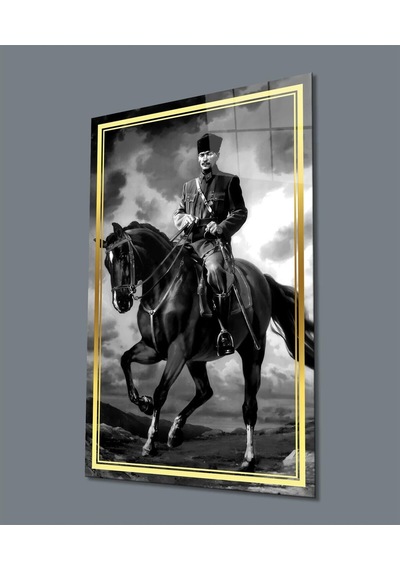 Atatürk At Üstünde Siyah Beyaz Cam Tablo Hediyelik Büyük Tablo Ev Ofis Dekoru