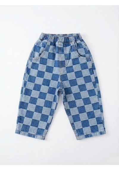 Magu Erkek Çocuk Kare Desenli Mavi Denim Pantolon
