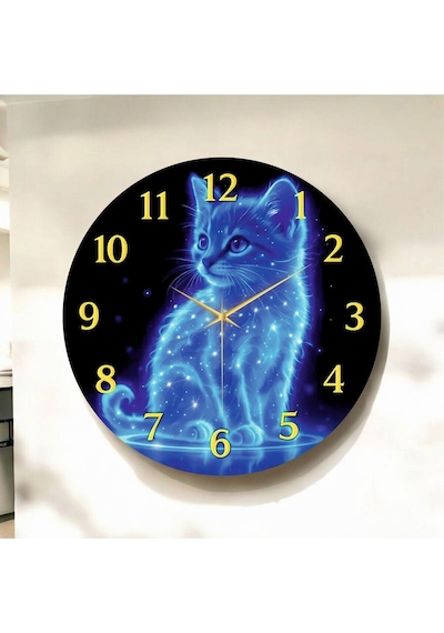 Renkli Baskı Kedi Dijital Desenli Sayılı Hediyelik Ahşap Sessiz Duvar Saati 50cm ÇOk Renkli