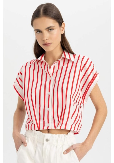 Defacto Crop Çizgili Kısa Kollu Poplin Gömlek C8748AX24SMRD117 Kırmızı