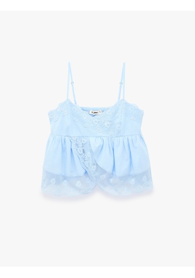 Koton Pamuklu Kruvaze Yaka Kolsuz Dantel Detaylı Crop Top Mavi 6sal60062ıw