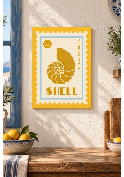Deniz Kabuğu Damga Desenli Dekoratif Mdf Tablo, Çerçeve Görünümlü Ahşap Poster