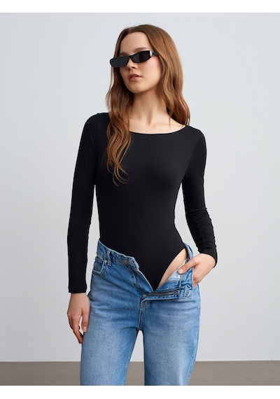 Dilvin 32549 Kayık Yaka Bodysuit-siyah Siyah