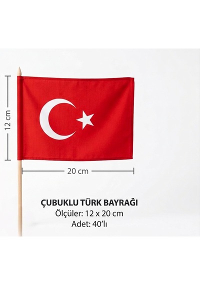 40'lı Set Çubuklu Kağıt Türk Bayrağı 12x20 Cm - 23 Nisan Kutlama Ve Süsleme Seti Tek Ebat