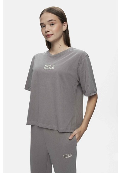 Ucla Manuela Gri Bisiklet Yaka Tshirt Nakışlı Loose Fit Kadın Tshirt Gri