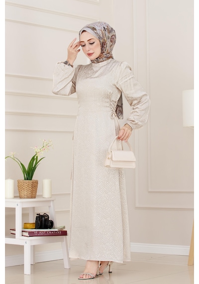 Banu Yanı Bağcıklı Saten Abiye-bej-4951