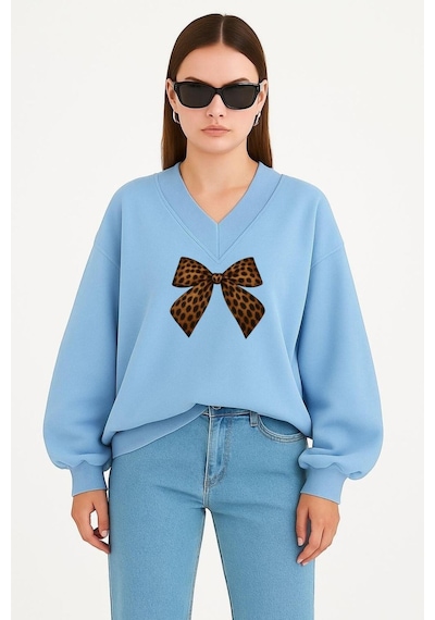 Benroma Kurdela Baskılı Ünisex V Yaka Sweatshirt Bebe Mavisi