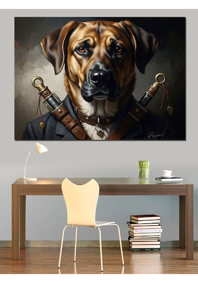Ahşap Tablo Zırhlı Ve Karizmatik Köpek Portresi