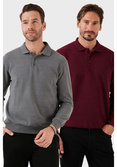 Buratti Pamuk Karışımlı Regular Fit 2'Li Paket Erkek Polo Yaka Kazak 456223S2 Koyu Gri-Mürdüm