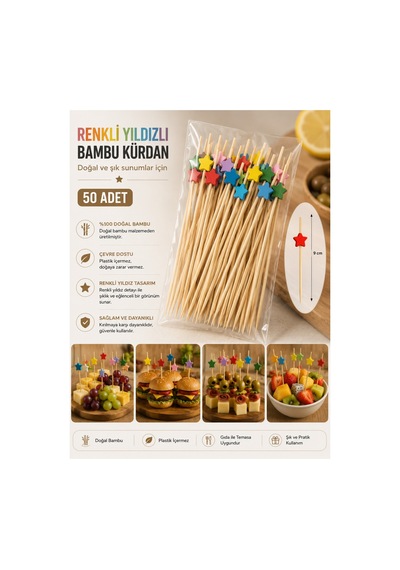 Renkli Yıldızlı Bambu Kürdan 9 Cm 50 Adet - 913955163