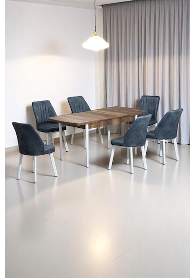 Sera Ceviz 80 x 132 Açılabilen MDF Masa Beyaz Metal Ayaklı Mutfak Masası 6 Kot Füme Sandalye Sera Ceviz 80 x 132 Açılabilen MDF Masa Beyaz Metal Ayaklı Mutfak Masası 6 Kot Füme Sandalye