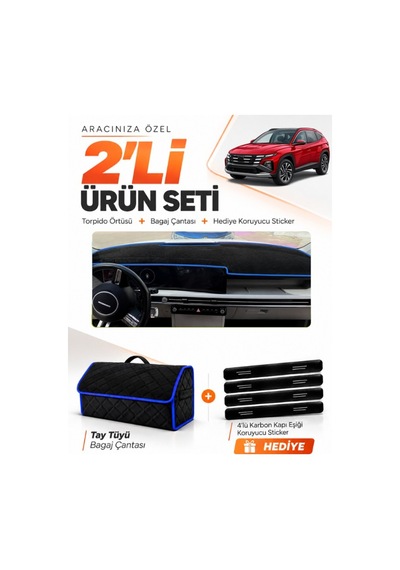 Hyundai Tucson 2024+ Sonrası Uyumlu Torpido Örtüsü + Tay Tüyü Bagaj Çantası + Sticker - Siyah Mavi