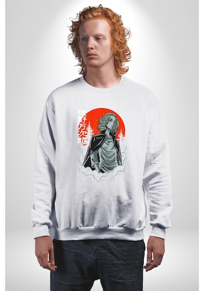 Tokyo Revengers Mikey Red Moon Unisex Beyaz Sweatshirt Beyaz
