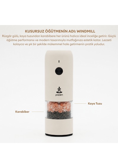 Pizen Windmill Usb Şarjlı Otomatik Baharat Öğütücü Led Işıklı Ayarlanabilir Tuz Karabiber Değirmeni Bej