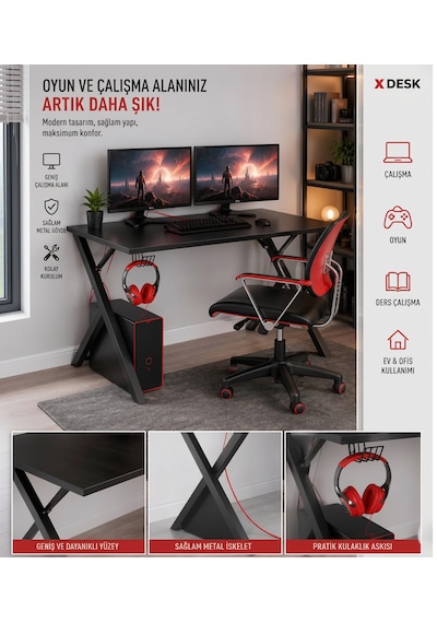 Modern X Ayaklı Çalışma Ve Oyuncu Masası Geniş Yüzeyli Bilgisayar Masası Siyah