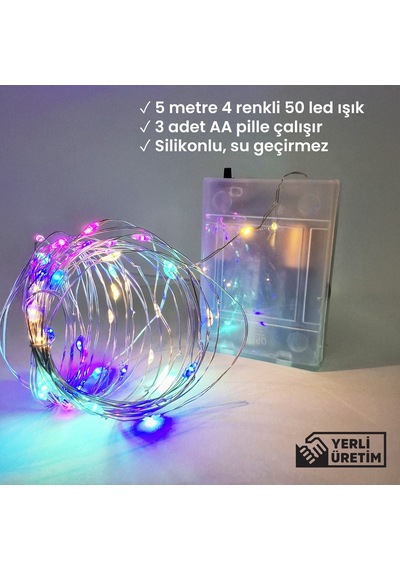 Upway 5 Metre Su Geçirmez 4 Renkli 50 Led Işık - Pilli Dekoratif Aydınlatma