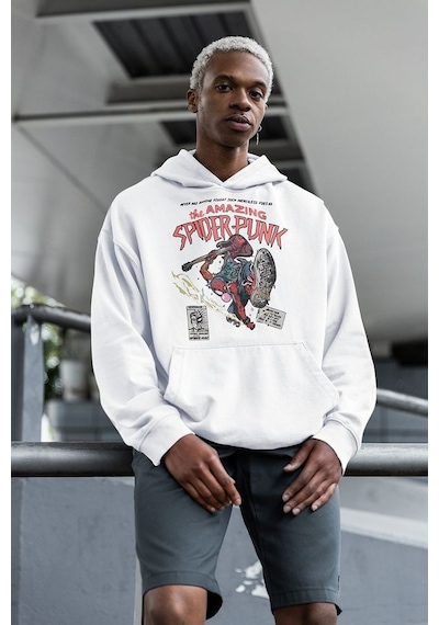 Sevbano The Amazing Spider-punk Baskılı Unisex Oversize Marvel Hoodie Beyaz