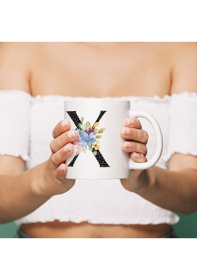X Harfi Puantiye Ve Çiçek Detaylı Bardak 330 Ml Alfabe Harf Kişiye Özel Hediye - Zarif Naturel Beyaz