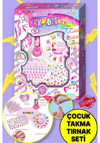 Tokidas Pet Nail Art Playing - Unicorn Ve Evcil Hayvan Temalı Baskılı Çocuk Takma Tırnak Sanatı