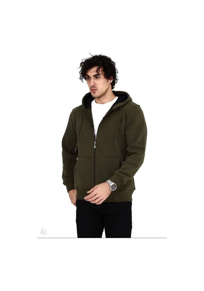 Barlashive Erkek 3 İplik Pamuklu Kapüşonlu Tam Fermuarlı Cepli Hoodie Sweatshirt - Haki Çok Renkli