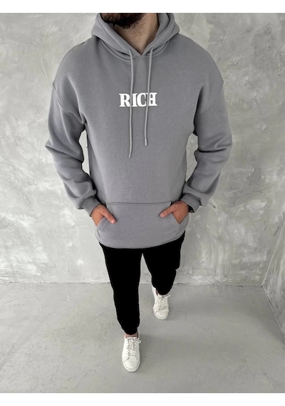 Erkek 3 İplik Pamuklu Kapüşonlu Kanguru Cepli Baskılı Oversize Hoodie Sweatshirt - Gri