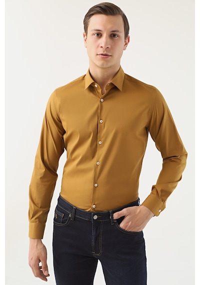 D's Damat Slim Fit Hardal Düz Stretch Gömlek 7ef02ee44324d Hardal